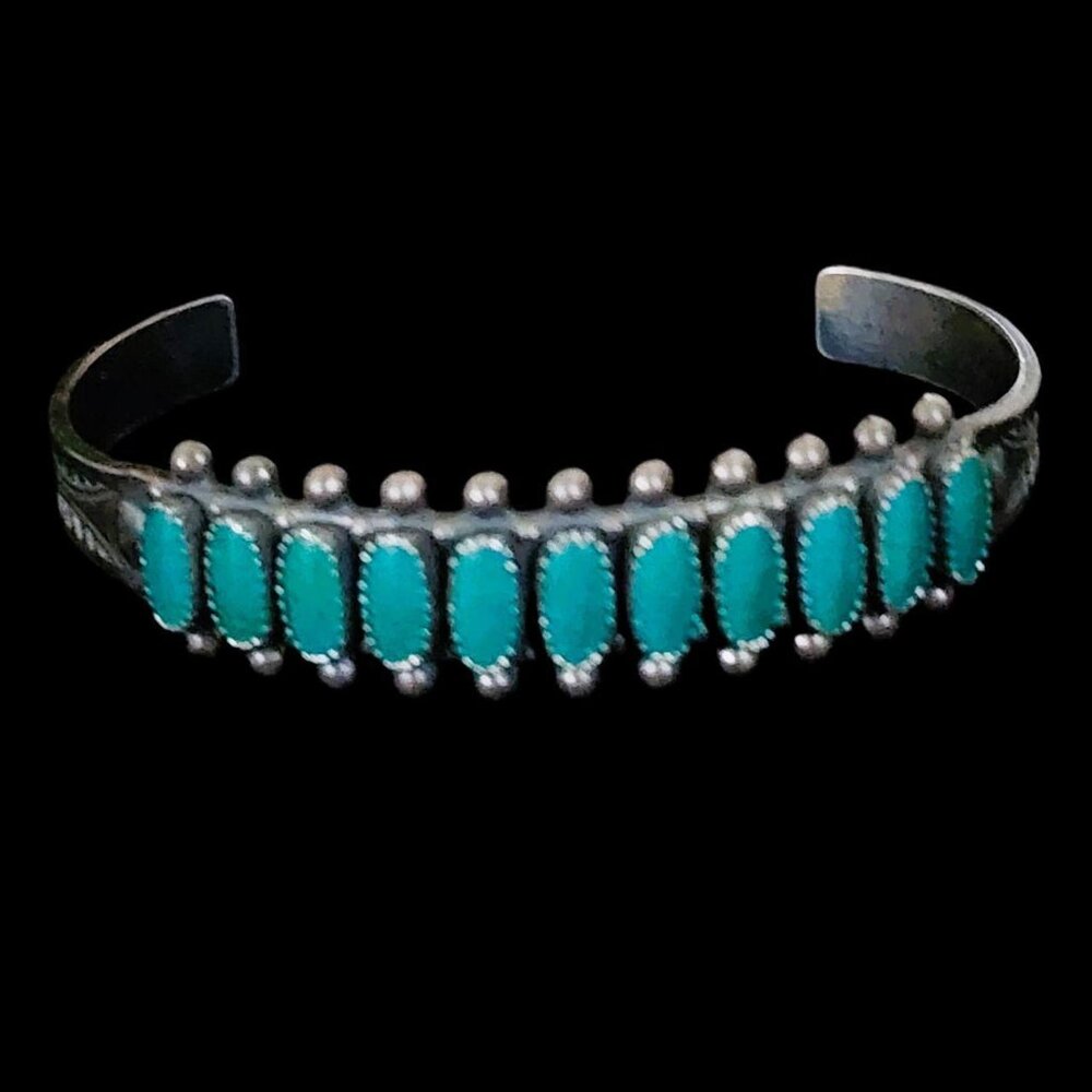 Vintage Sterling Silver Southwest Native American Petit Point Turquoise Cuff